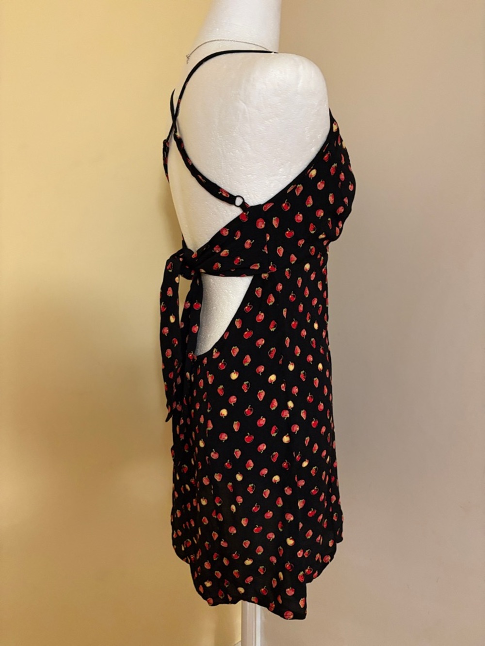 Kimchi Blue Black Mini Dress with Red & Gold Strawberry Print L - Picture 6 of 8